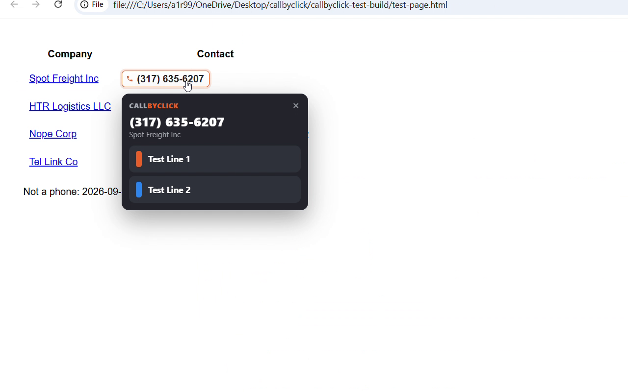 Click a phone number on a page and pick which line to call from