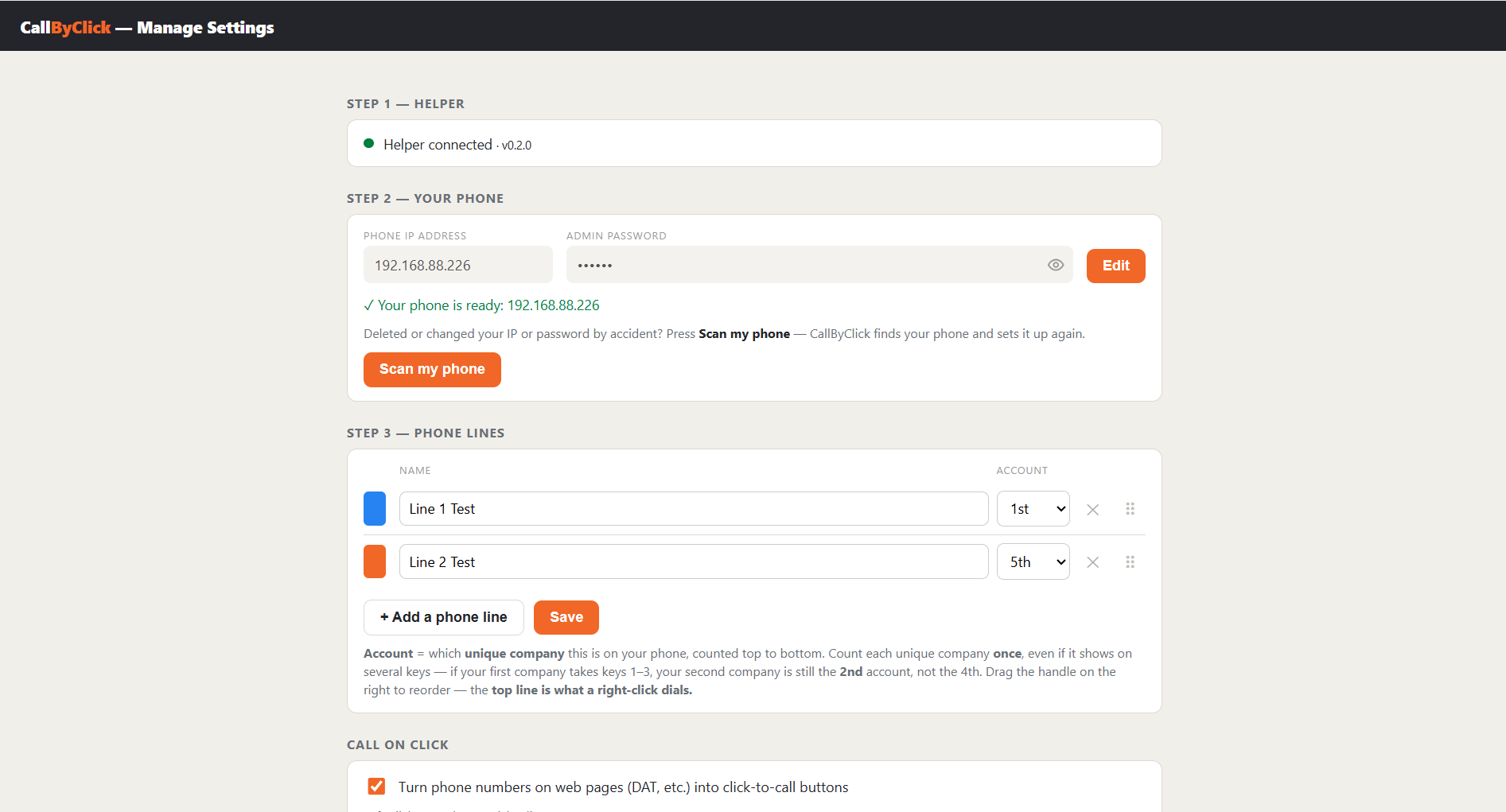 CallByClick settings: helper connected, phone found and set up, lines added