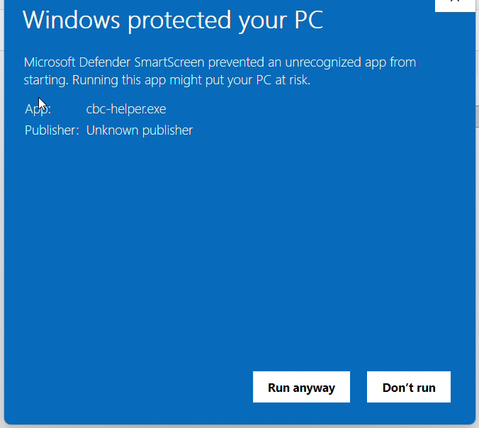 The Windows SmartScreen prompt you'll see: Windows protected your PC — More info → Run anyway